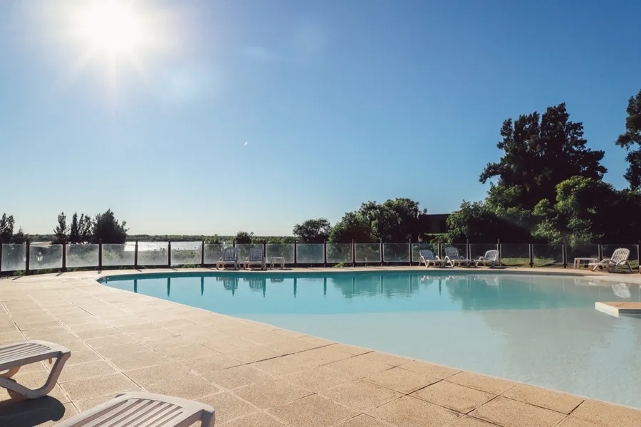 Piscina con solárium y reposeras rodeada de parque